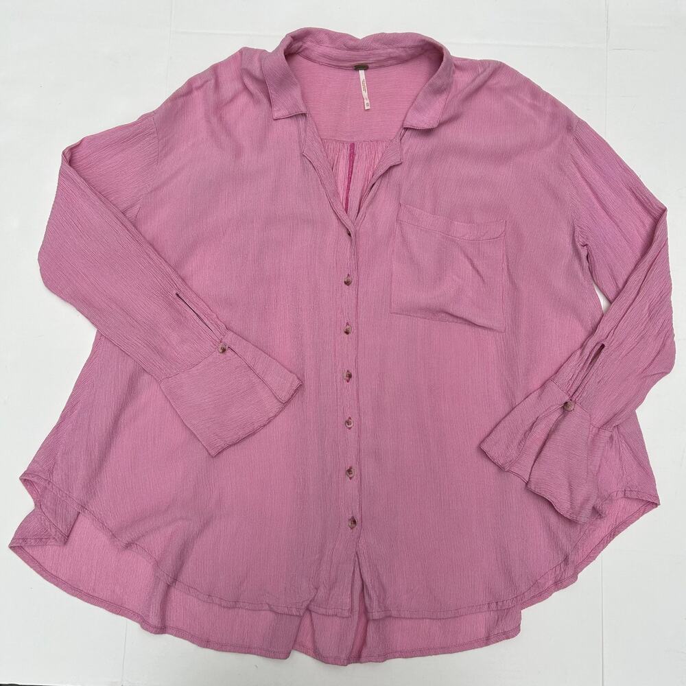 Free People Gauze Shirt Long Sleeve Pink Stripe Pocket High Low Button Up XS - Picture 4 of 11